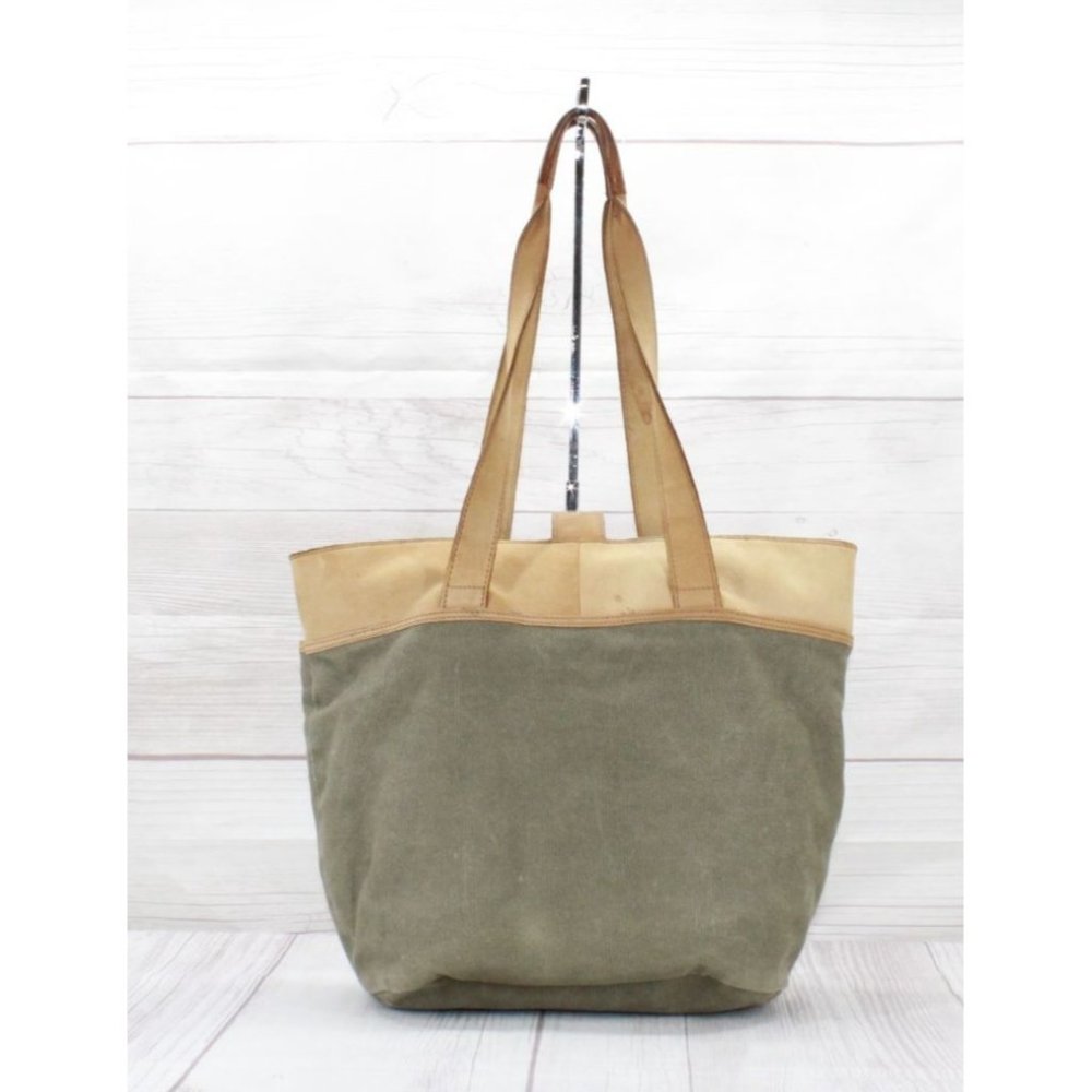 Vintage LL Bean Green Tan Cotton Colorblock Buckle Shoulder Tote Bag - Picture 3 of 10